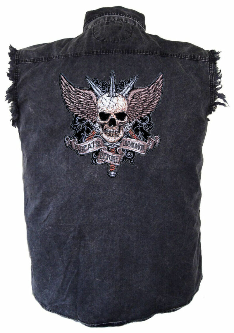 Mens Acid Washed Denim Sleeveless Biker Shirt Death Before Dishonor Biker Patch