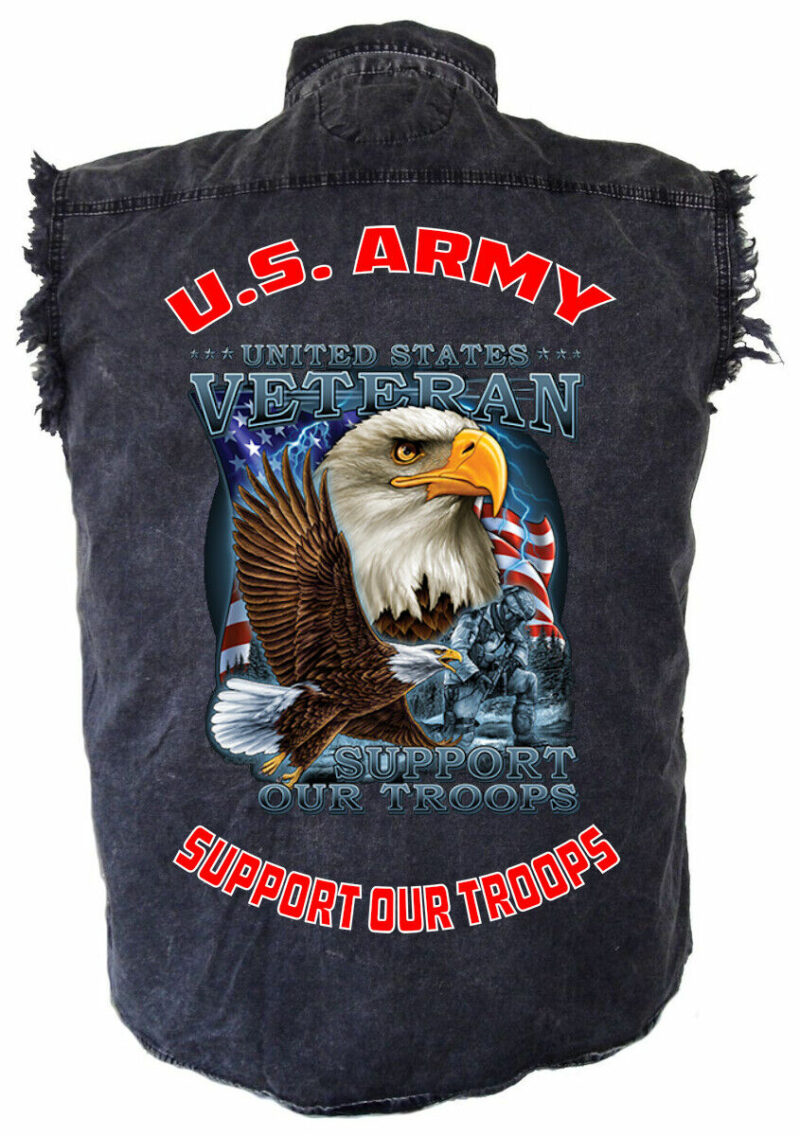 Mens Patriotic Army Military Support Troops Acid Washed Denim Cutoff Biker Shirt