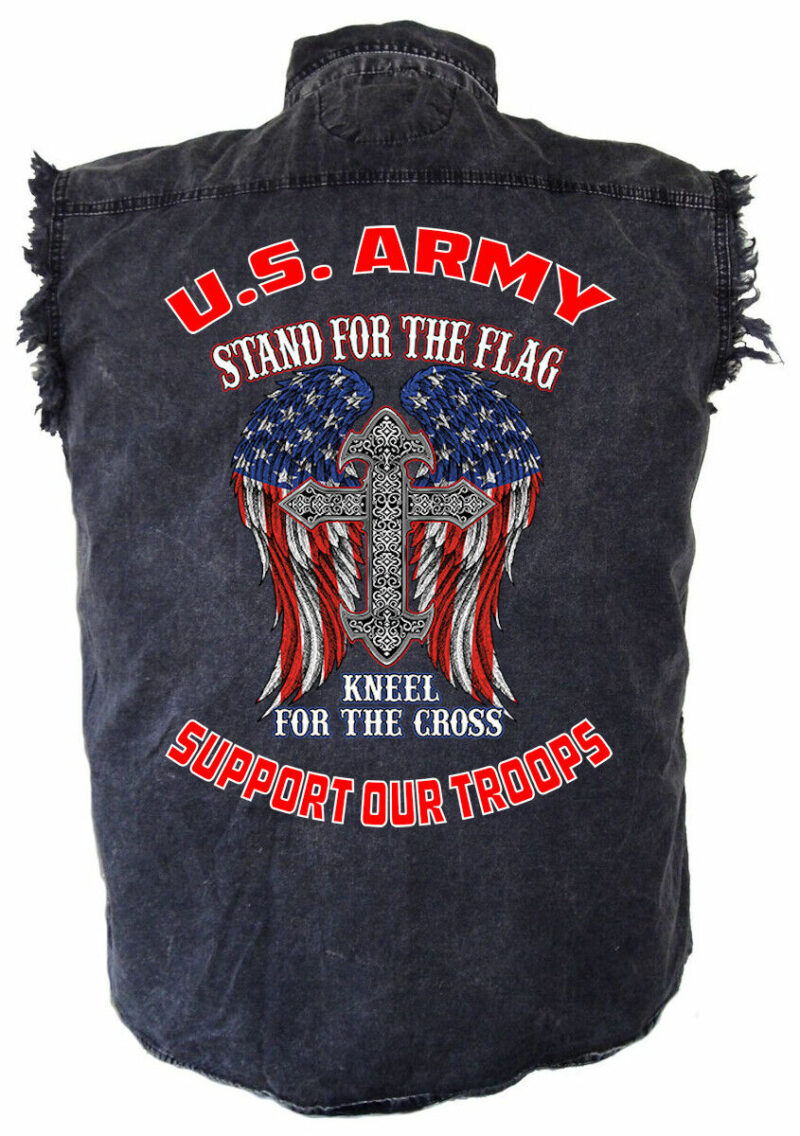 Mens Patriotic Army Military Stand For Flag Acid Washed Denim Cutoff Biker Shirt
