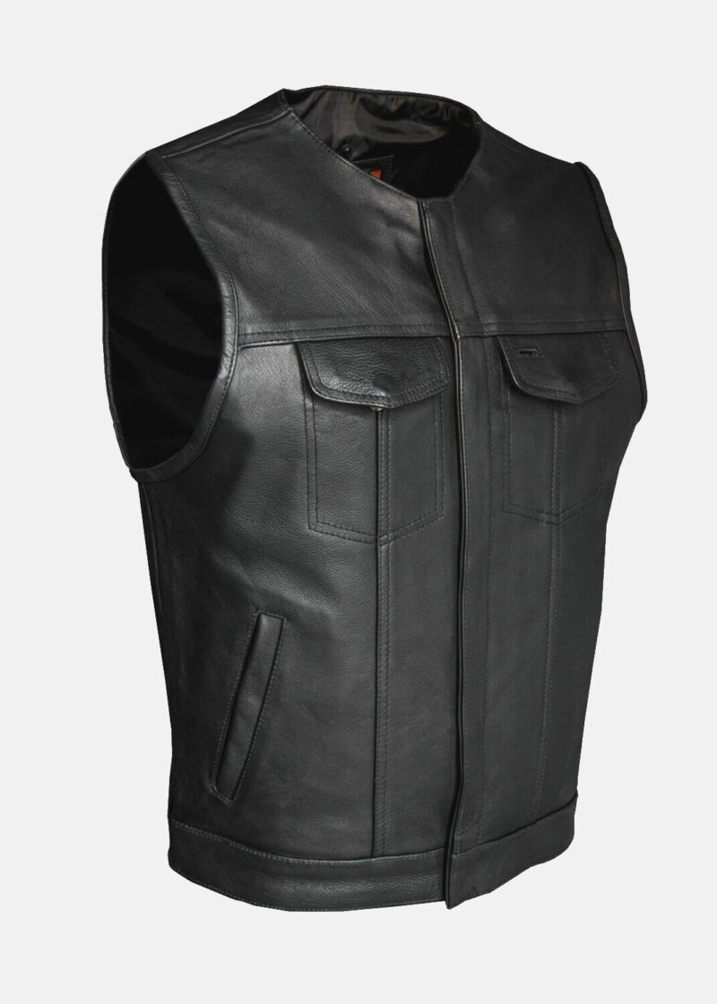 Mens SOA Style Motorcycle Club Black Leather Vest Concealed Carry Pockets