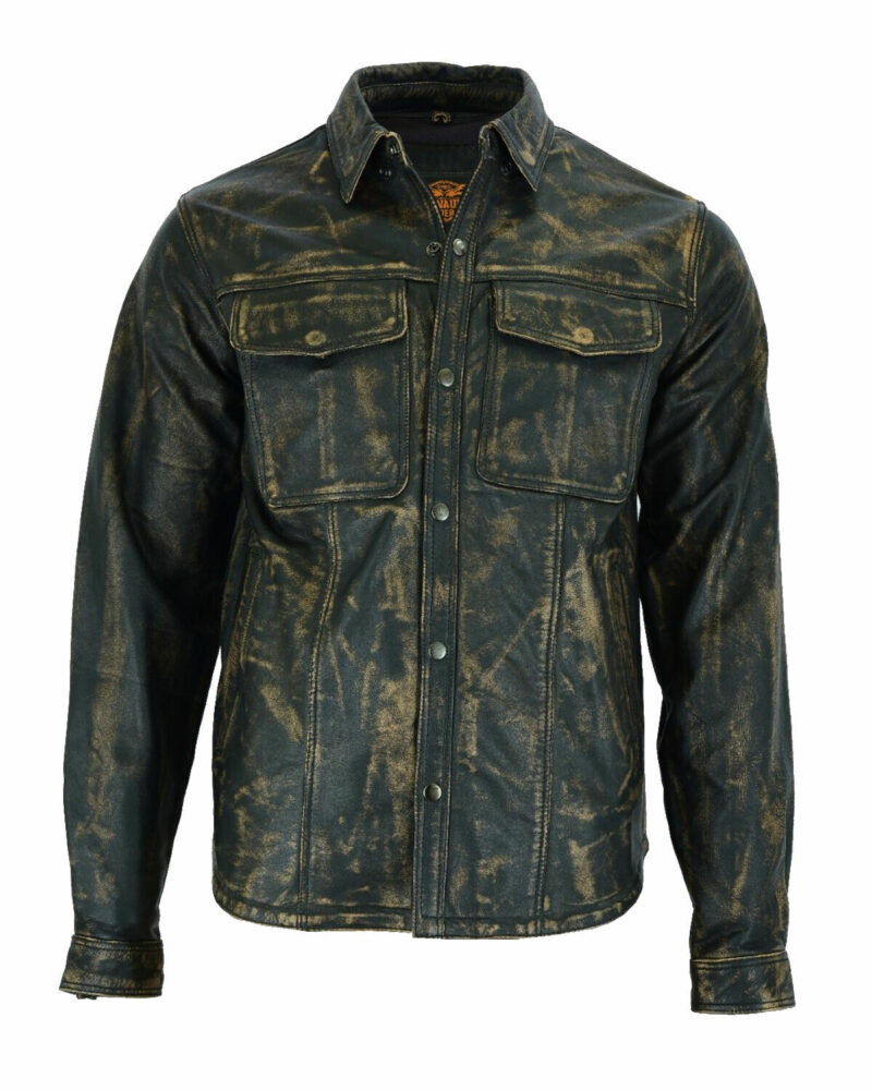 Mens Distressed Brown Cowhide Leather Shirt With Concealed Carry Gun Pockets