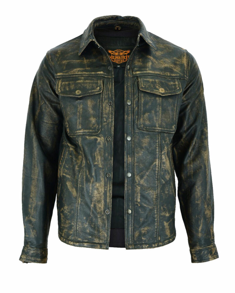 Mens Distressed Brown Cowhide Leather Shirt With Concealed Carry Gun Pockets - Image 3