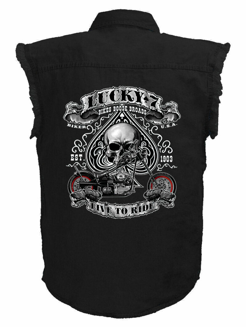 Mens Black Denim Sleeveless Lucky 7 Skull And Spade Motorcycle Biker Shirt
