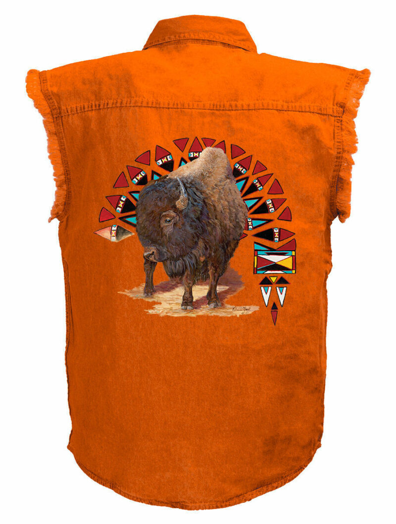 Native American Standalone Buffalo Motorcycle Shirt Men Orange Denim Sleeveless