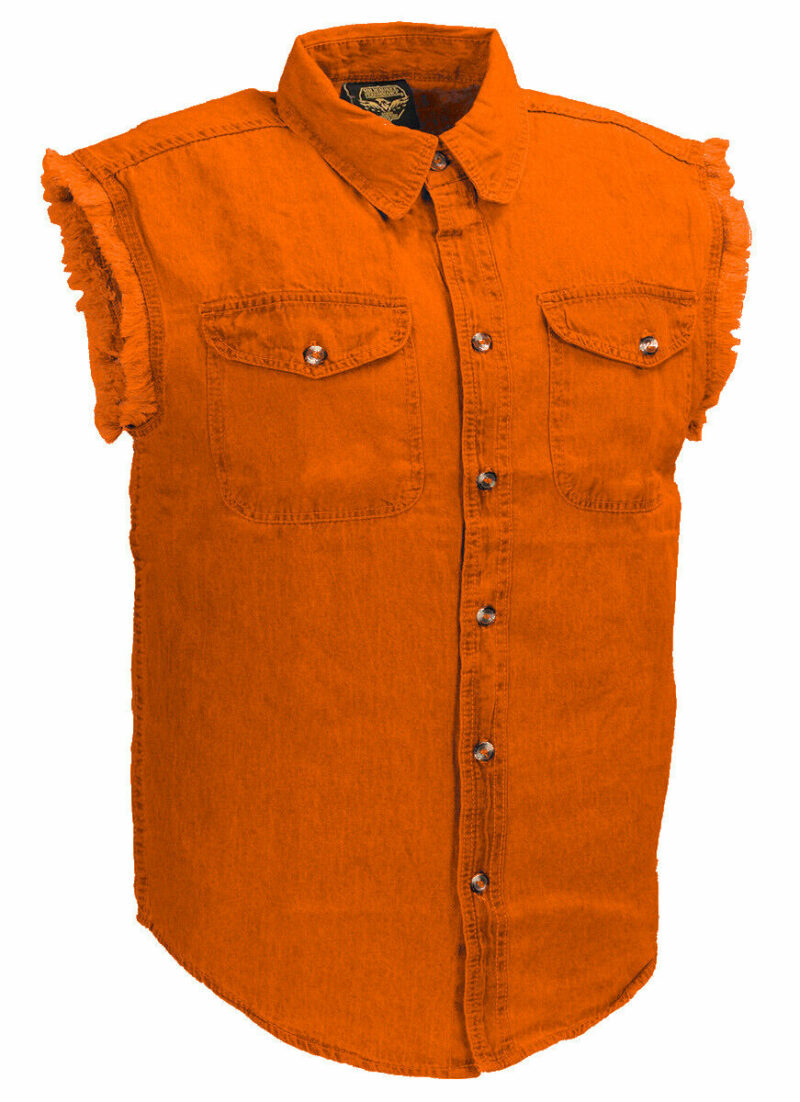Native American Standalone Buffalo Motorcycle Shirt Men Orange Denim Sleeveless - Image 2