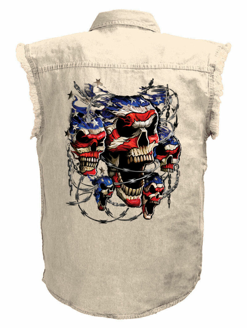 Patriotic Screaming Skulls Motorcycle Shirt Mens IVory Denim Sleeveless