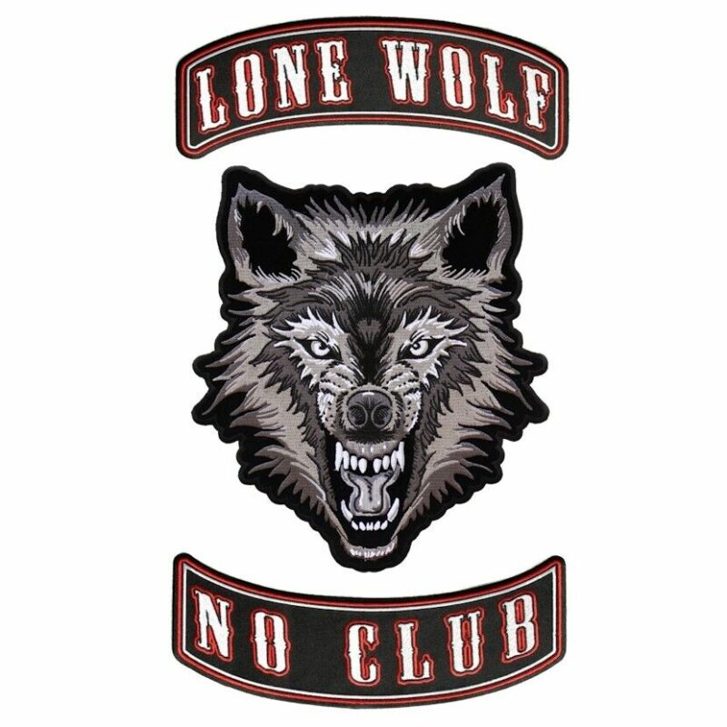 Large Lone Wolf No Club 3 PC Wolf And Rockers Embroidered Biker Patch Set