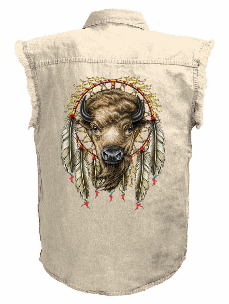Native American Dreamcatcher Bull Motorcycle Shirt Mens Ivory Denim Sleeveless