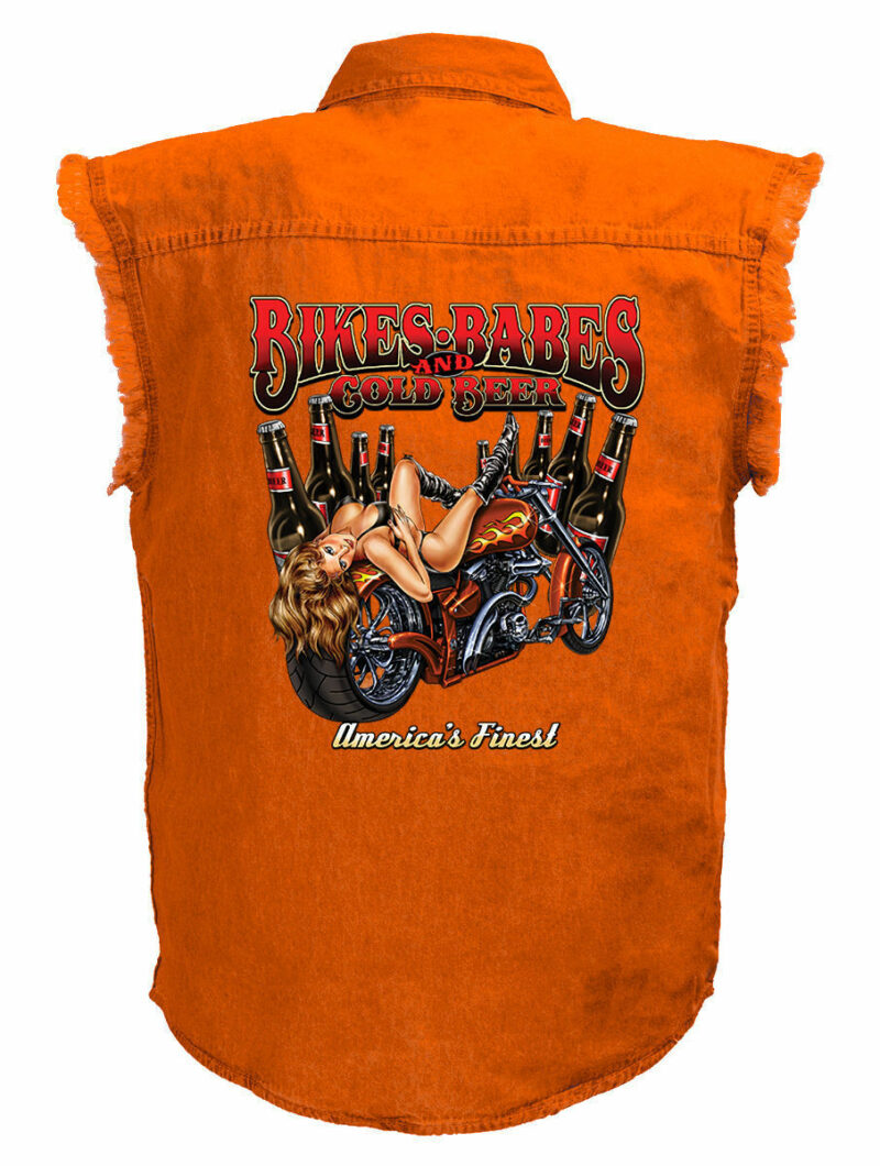 Bikes And Babes Cold Beer Motorcycle Shirt Mens Orange Denim Sleeveless