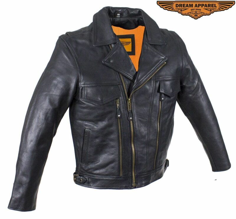 Mens Cowhide Leather Motorcycle Jacket Many Pockets, Vents, Side Buckles