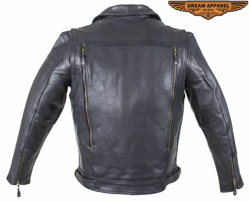 Mens Cowhide Leather Motorcycle Jacket Many Pockets, Vents, Side Buckles - Image 2