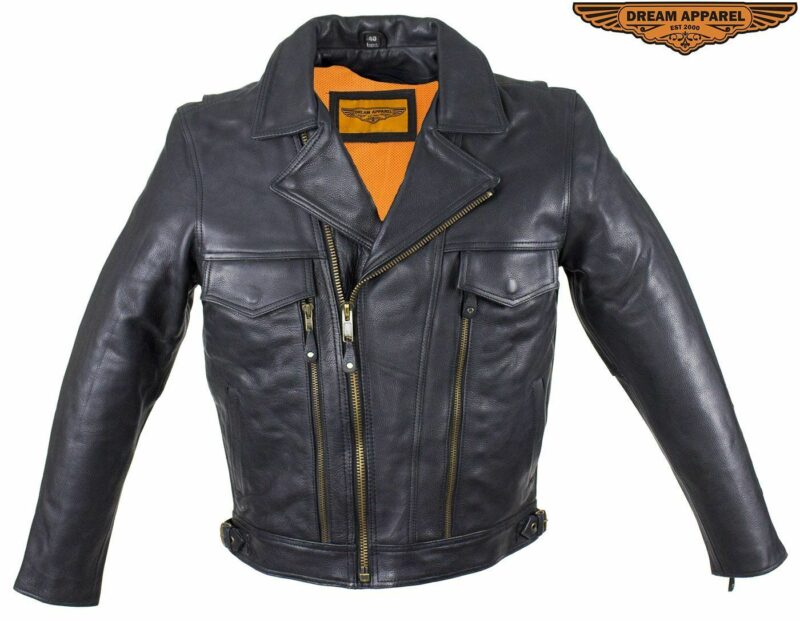 Mens Cowhide Leather Motorcycle Jacket Many Pockets, Vents, Side Buckles - Image 3