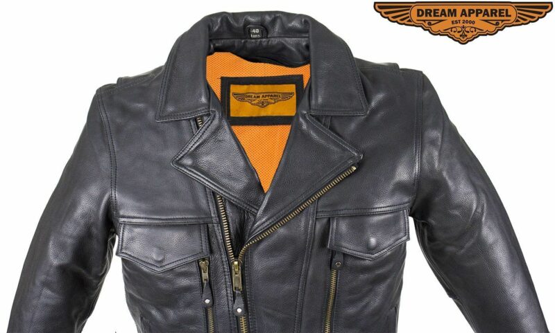 Mens Cowhide Leather Motorcycle Jacket Many Pockets, Vents, Side Buckles - Image 4