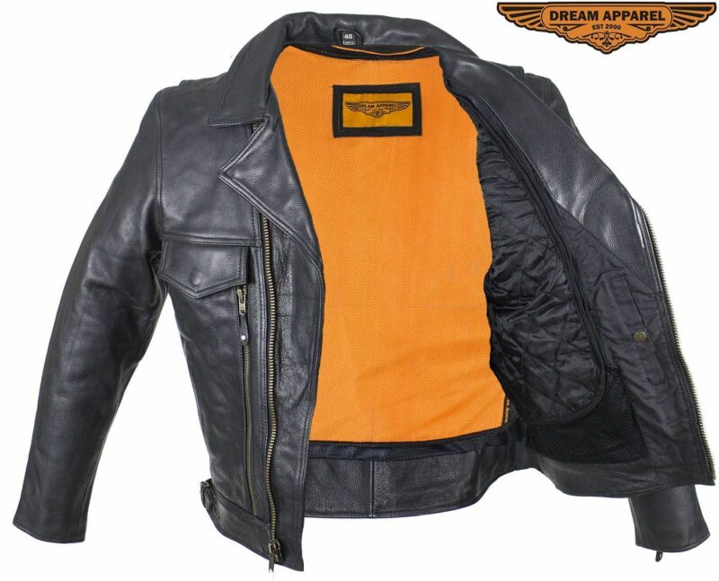 Mens Cowhide Leather Motorcycle Jacket Many Pockets, Vents, Side Buckles - Image 6