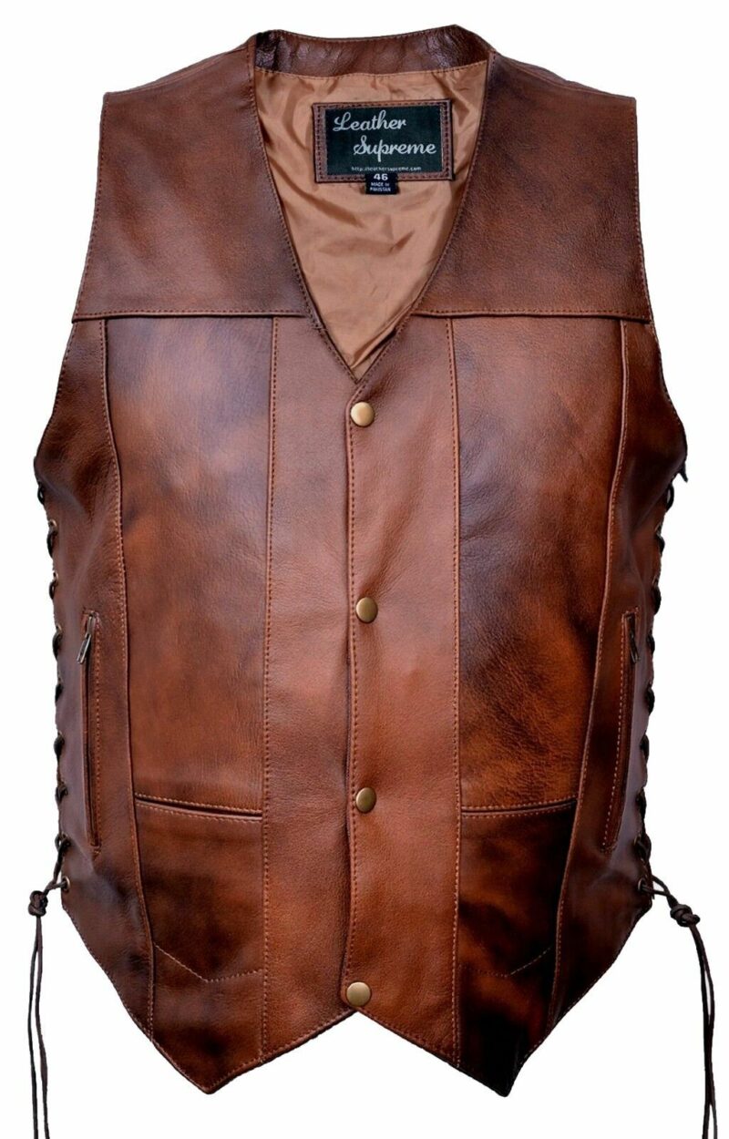 New mens 10 Pockets Concealed Carry Retro Brown Buffalo Hide Leather Vest