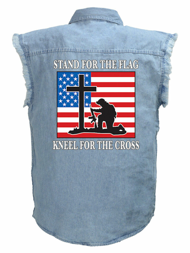 Mens Stand For Flag Kneel For Cross Blue Denim Sleeveless Cutoff Biker Shirt