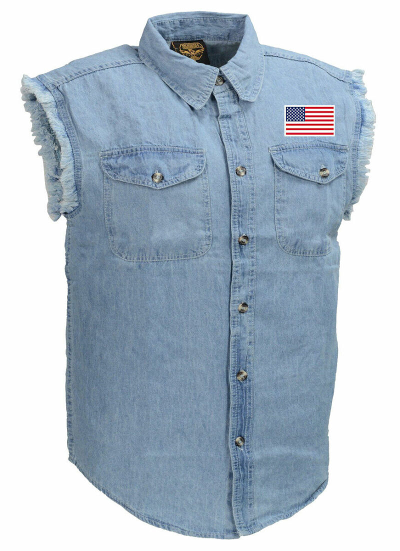 Mens Stand For Flag Kneel For Cross Blue Denim Sleeveless Cutoff Biker Shirt - Image 2