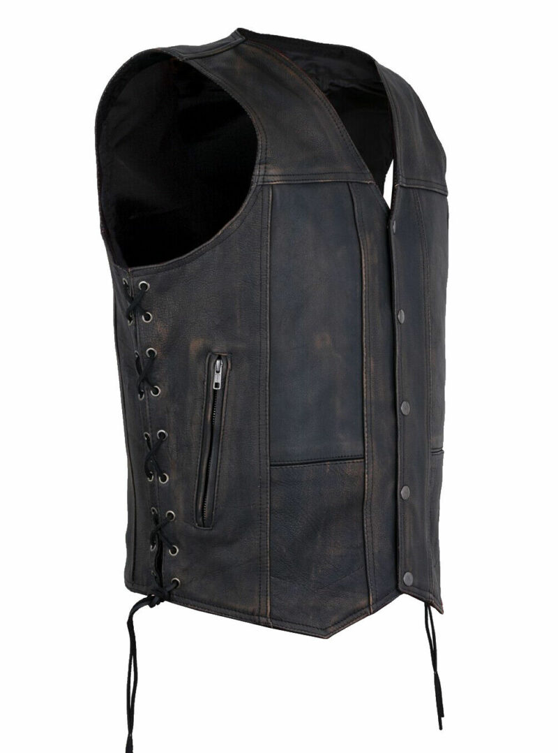 Mens Distressed Brown 10 Pocket Leather Biker Vest Concealed Carry Side Laces