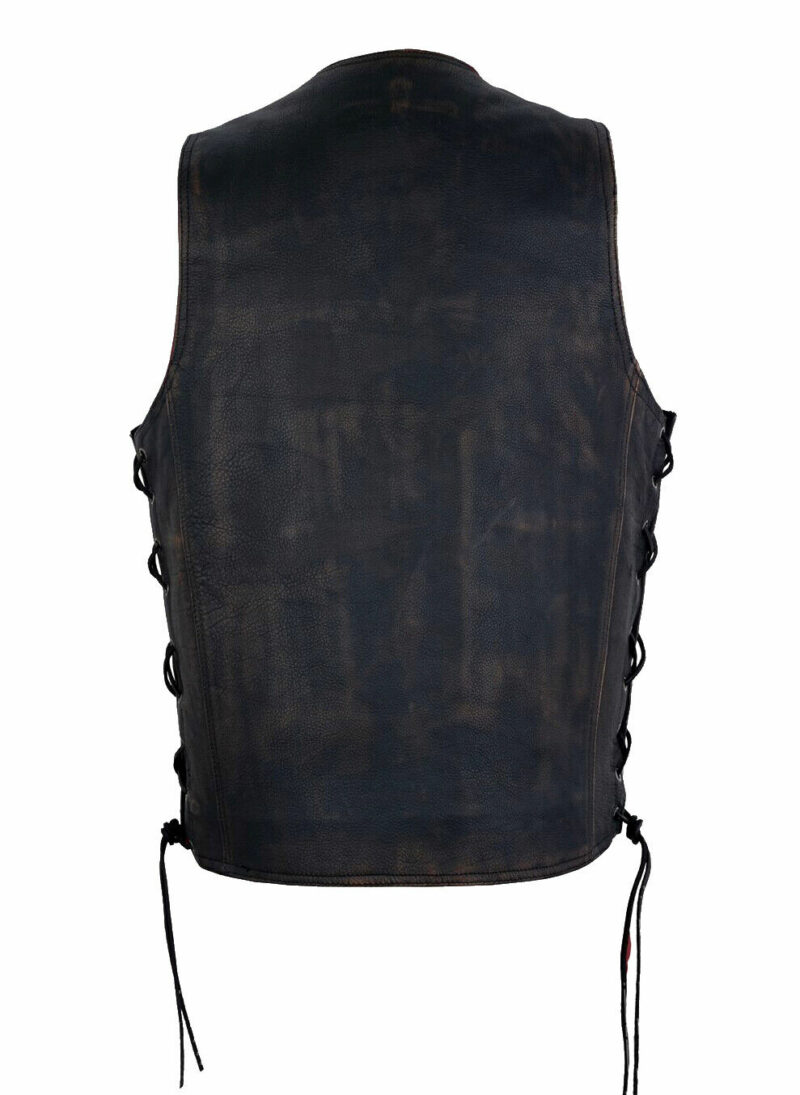 Mens Distressed Brown 10 Pocket Leather Biker Vest Concealed Carry Side Laces - Image 2