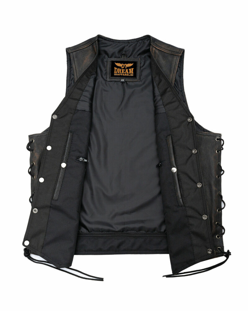 Mens Distressed Brown 10 Pocket Leather Biker Vest Concealed Carry Side Laces - Image 4