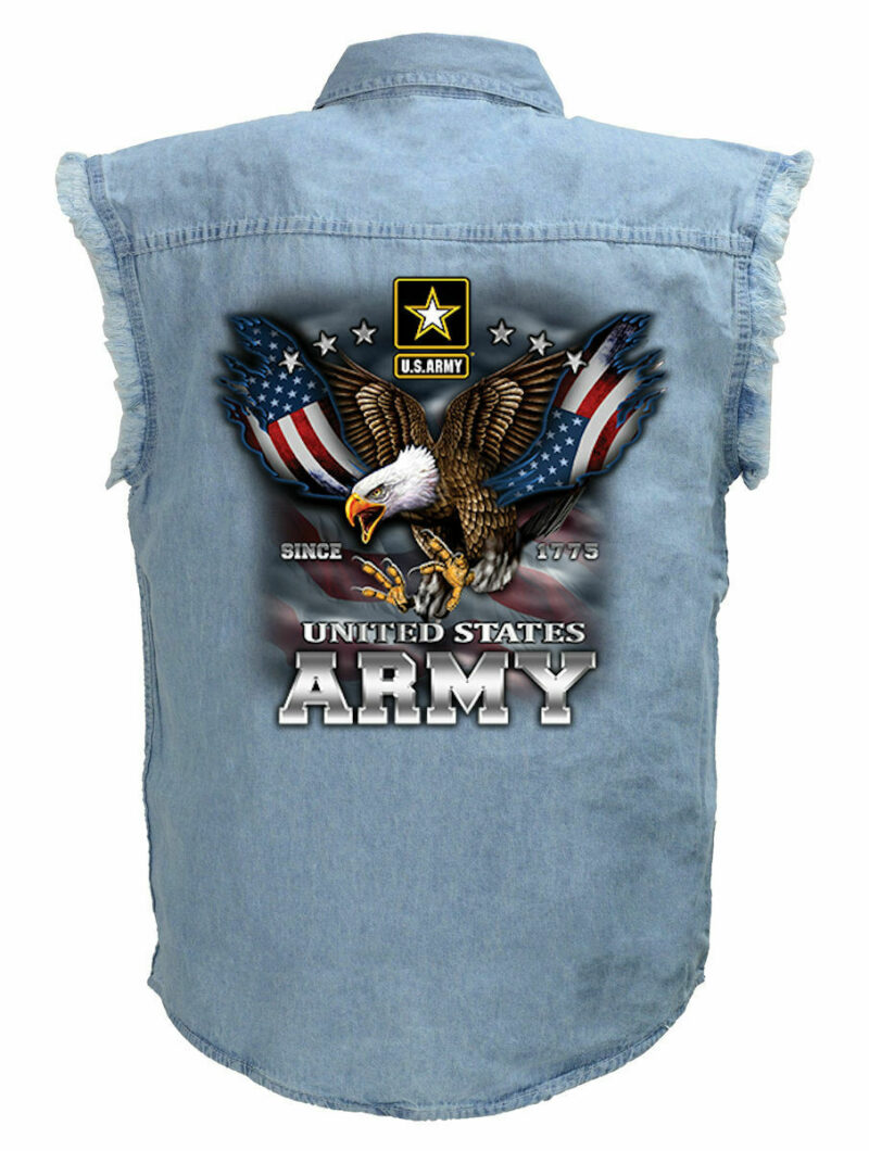 Mens US Army Military Patriotic Eagle Blue Denim Sleeveless Cutoff Biker Shirt