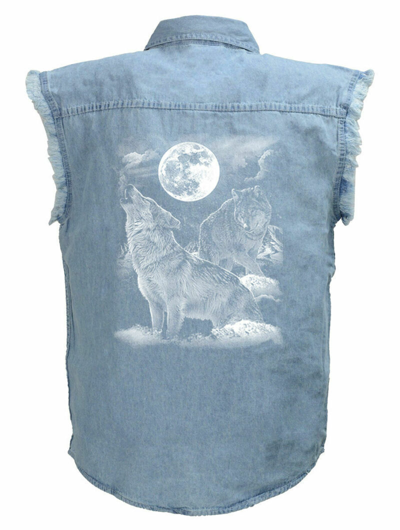 Mens Howling Wolf Moon Blue Denim Sleeveless Cutoff Biker Shirt