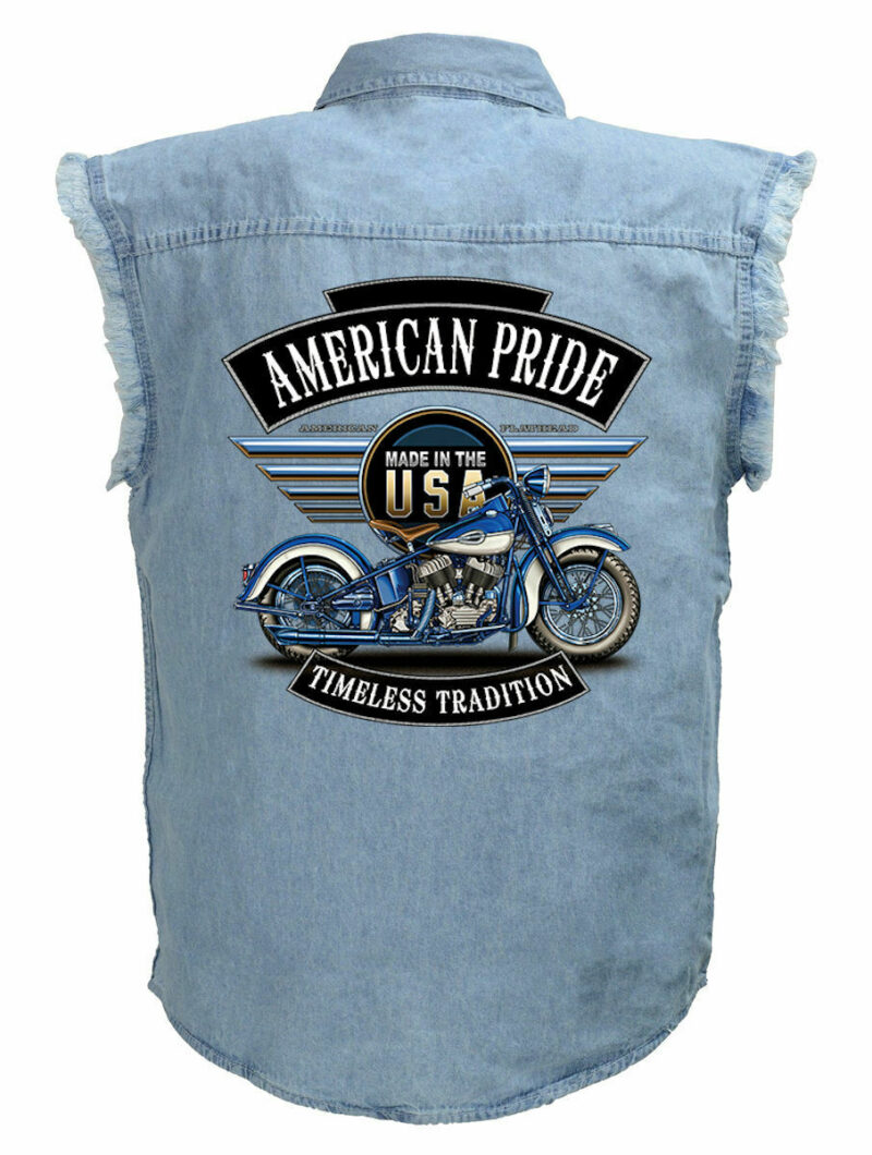 Mens American Pride Motorcycle Blue Denim Sleeveless Cutoff Biker Shirt