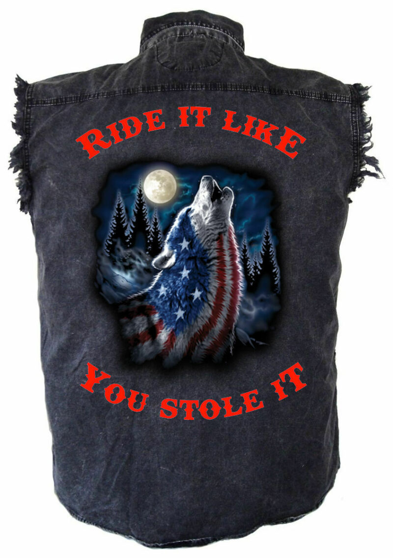 Mens Ride It Patriotic Howling Wolf Acid Washed Denim Biker Shirt