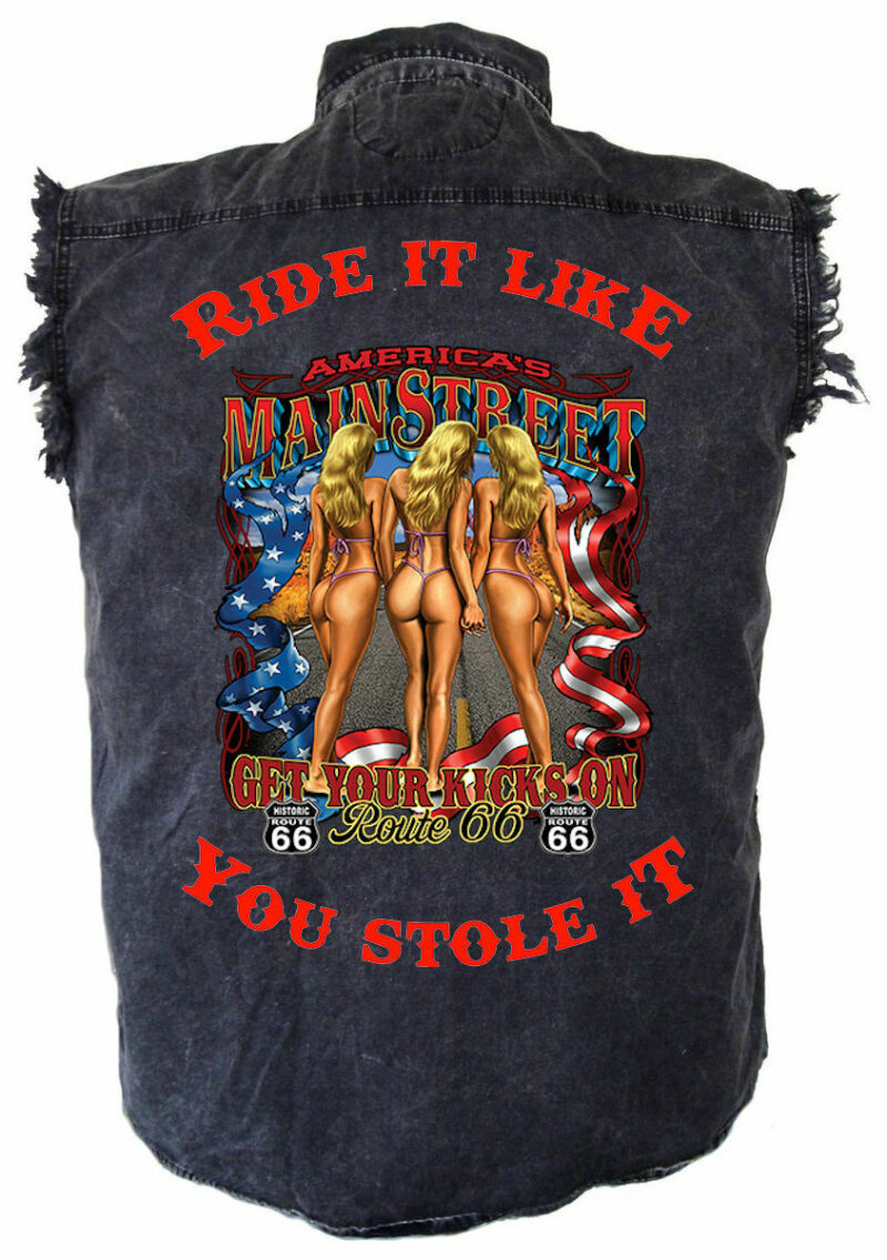 Mens Ride It Route 66 Mainstreet Babes Acid Washed Denim Biker Shirt