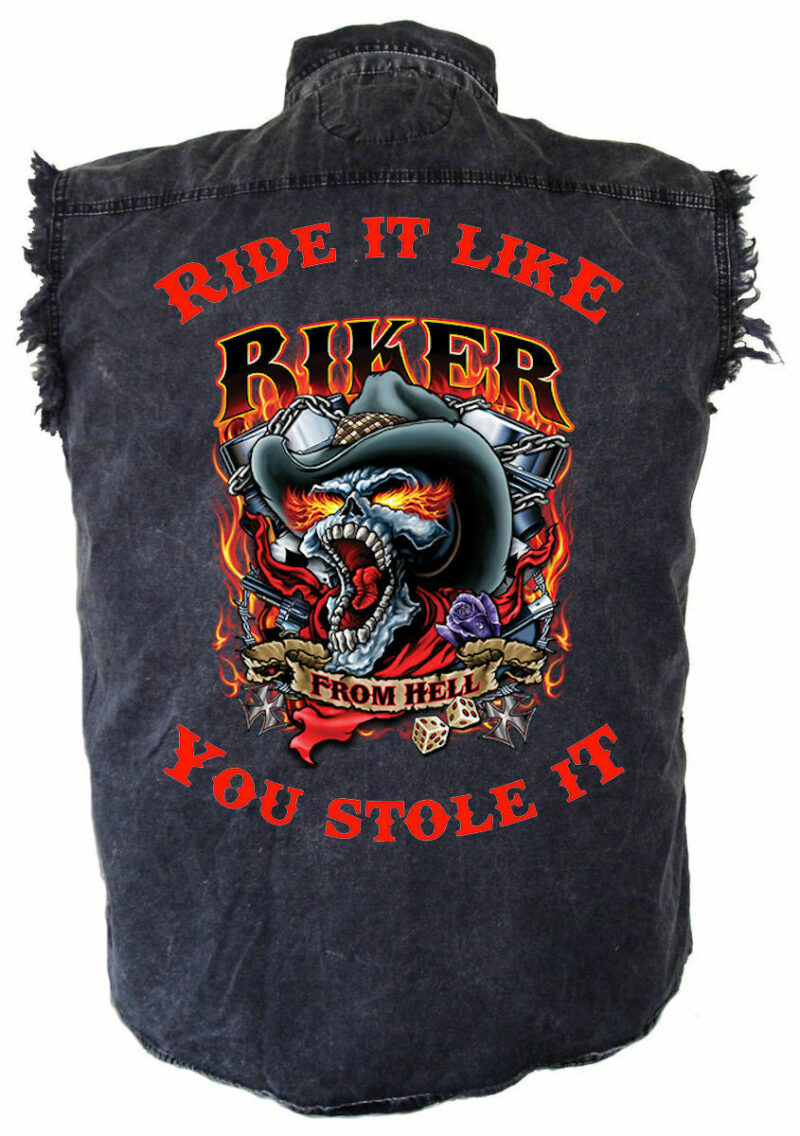 Mens Ride It Biker From Hell Skull Flames Acid Washed Denim Biker Shirt