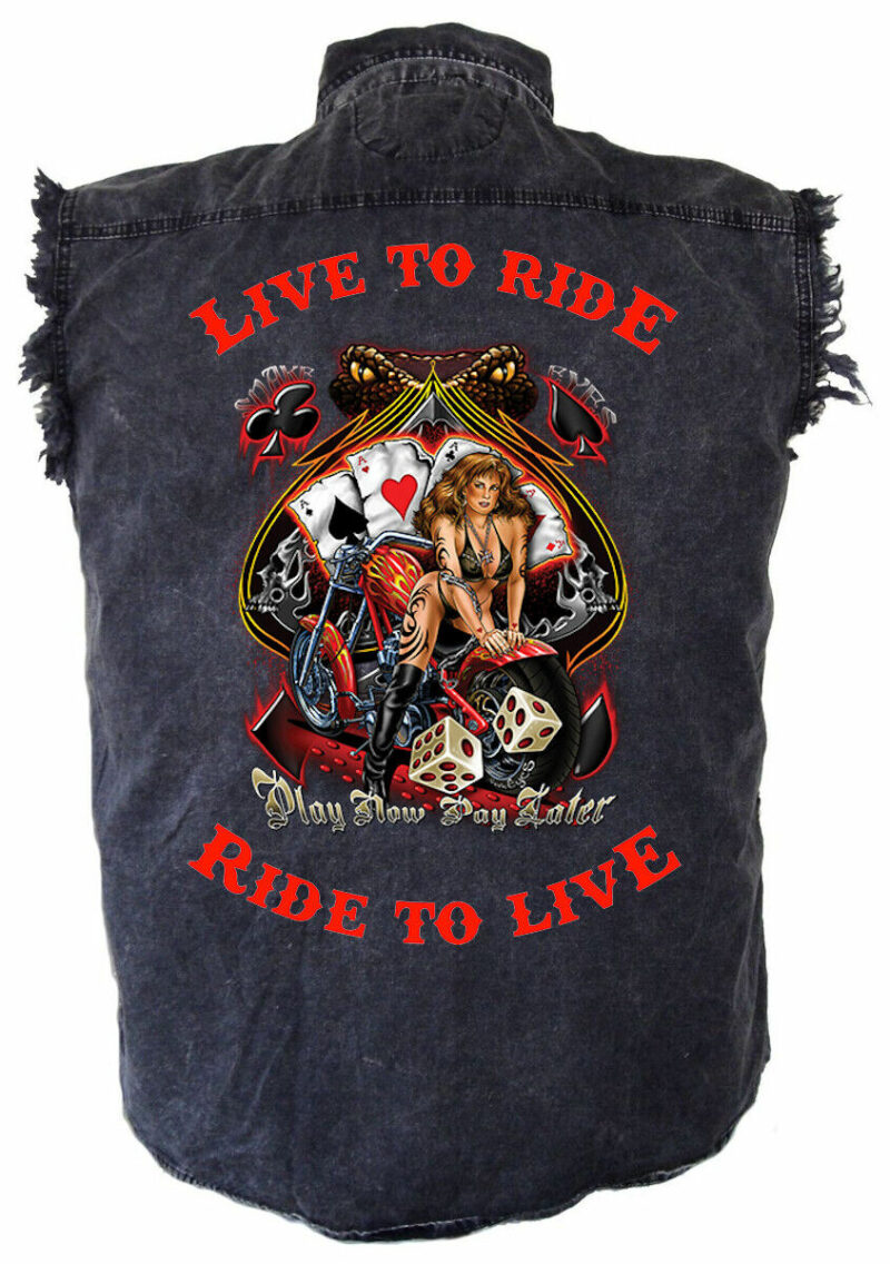 Mens Snake Eyes Hot Biker Chick Motorcycle Acid Washed Denim Cutoff Biker Shirt