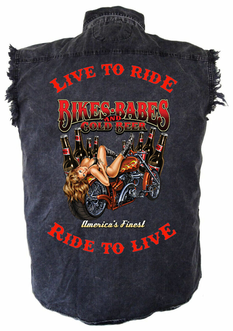 Mens Bikes Babes And Beer Motorcycle Acid Washed Denim Cutoff Biker Shirt