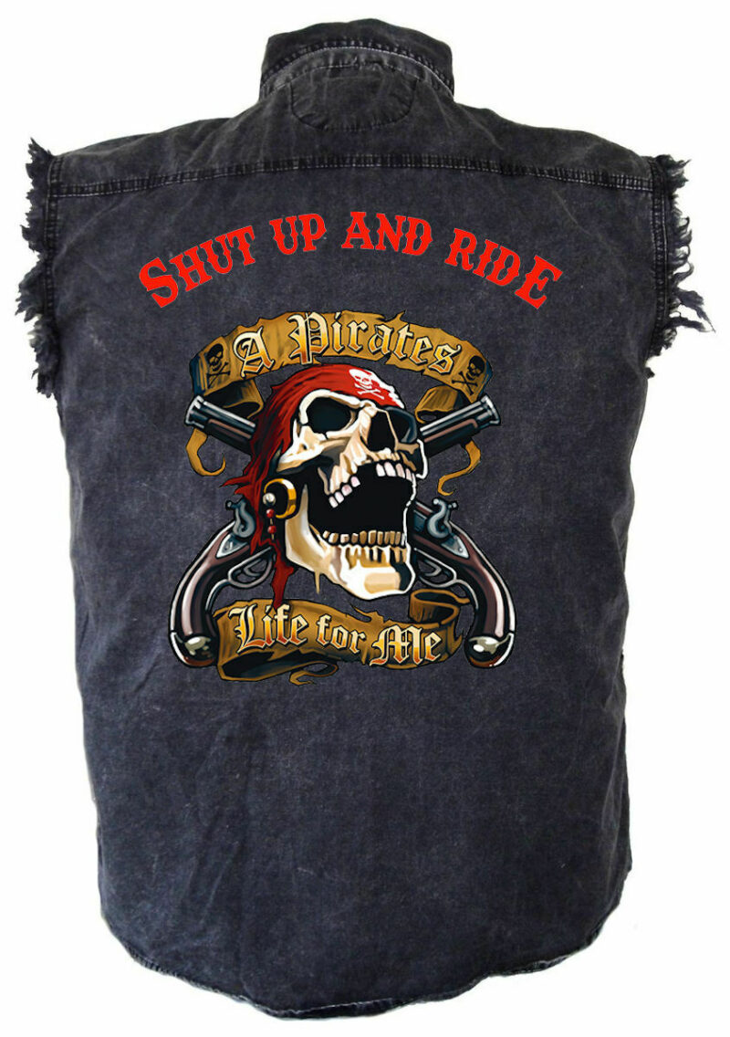 Men's Shut Up And Ride A Pirates Life For Me Acid Washed Denim Biker Shirt