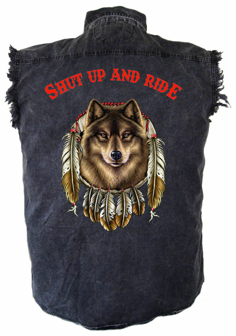 Men's Shut Up And Ride Dreamcatcher Wolf Acid Washed Denim Biker Shirt
