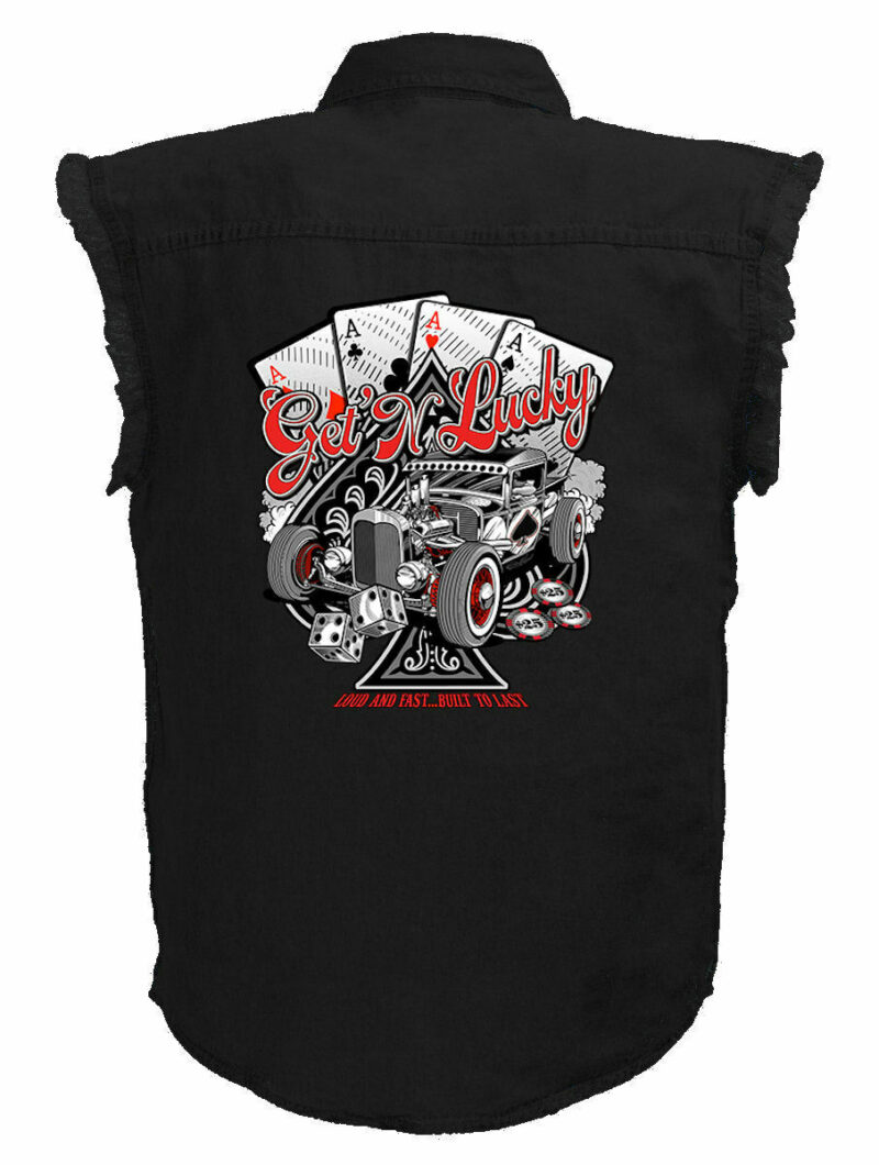 Mens Black Denim Sleeveless Get N Lucky Playing Cards Shirt