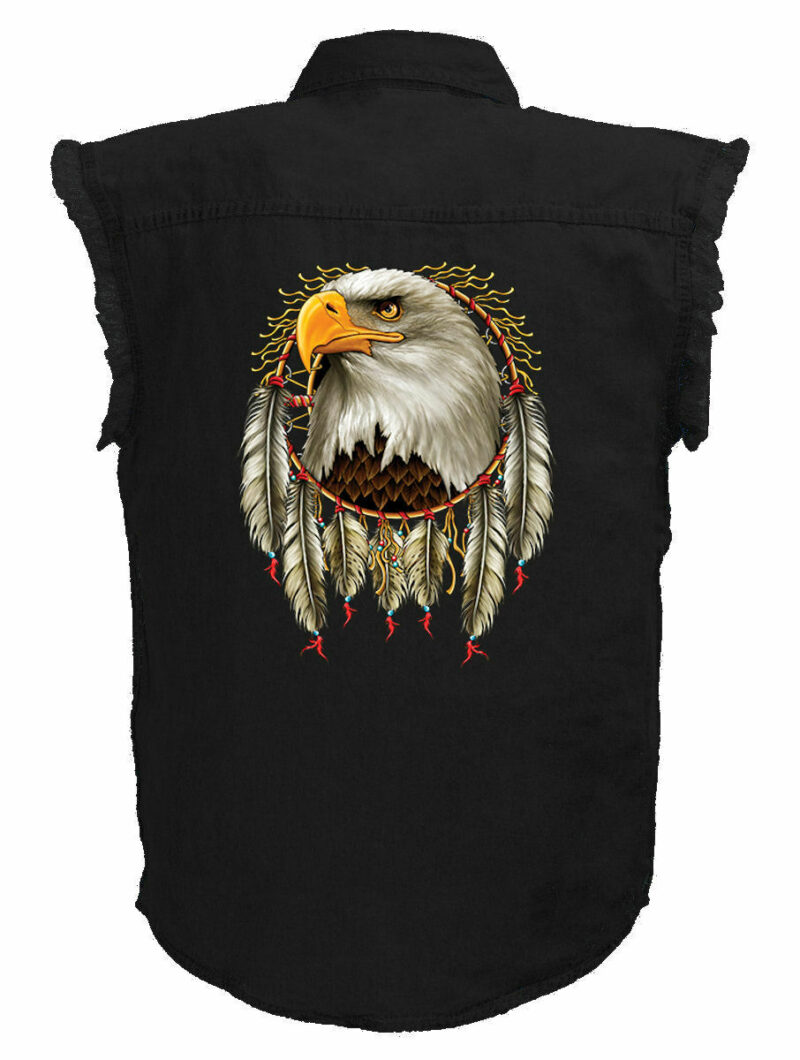 Mens Black Denim Sleeveless Native American Dreamcatcher Eagle Shirt