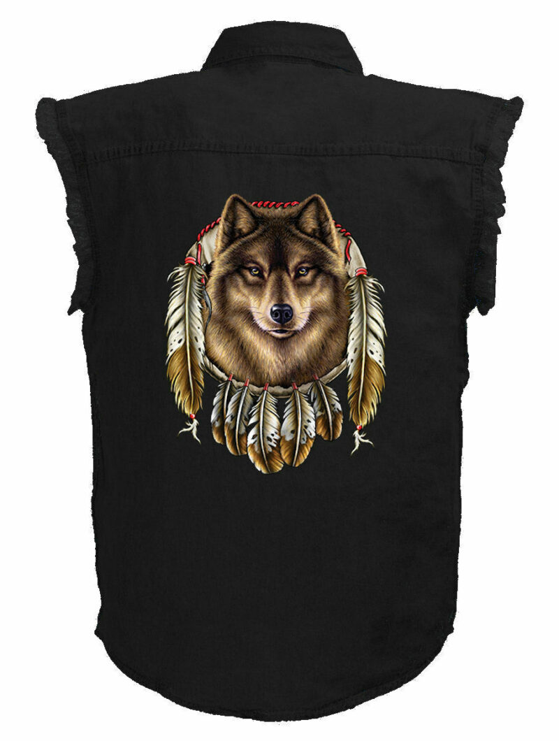 Mens Black Denim Sleeveless Native American Dreamcatcher Wolf Shirt