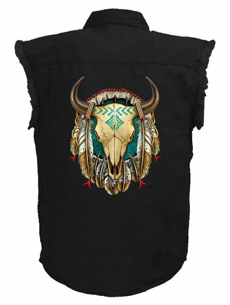 Mens Black Denim Sleeveless Native American Dreamcatcher Steer Head Shirt