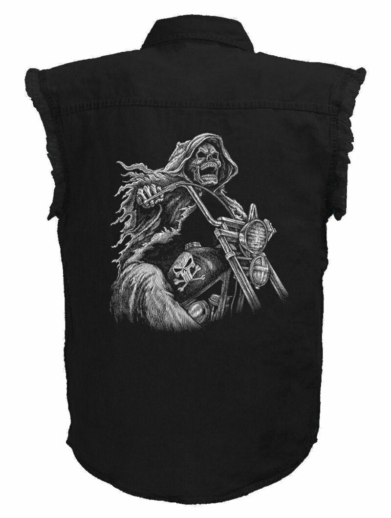Mens Black Denim Sleeveless Grim Reaper Rider Motorcycle Shirt