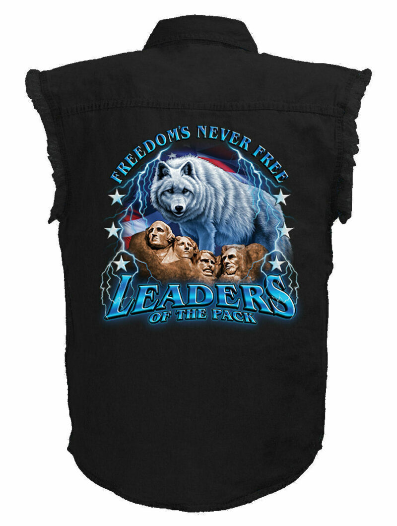 Mens Black Denim Sleeveless Mt Rushmore Freedom's Never Free Wolf Shirt