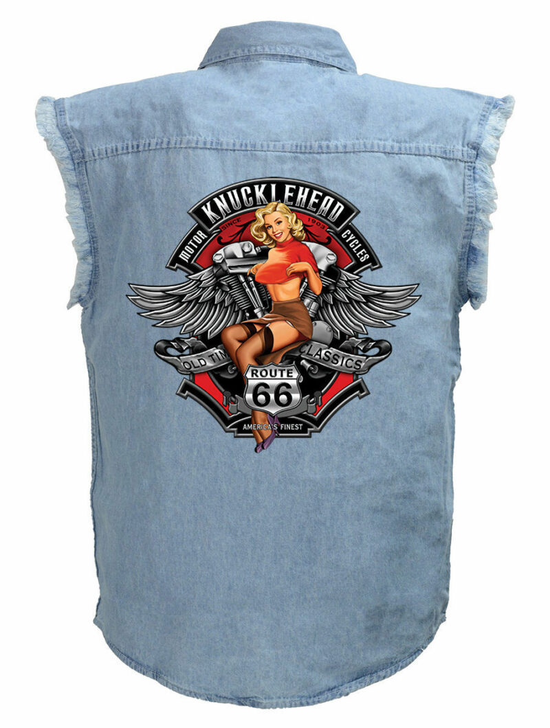 Knucklehead Sexy Babe Motorcycle Shirt Mens Blue Denim Sleeveless