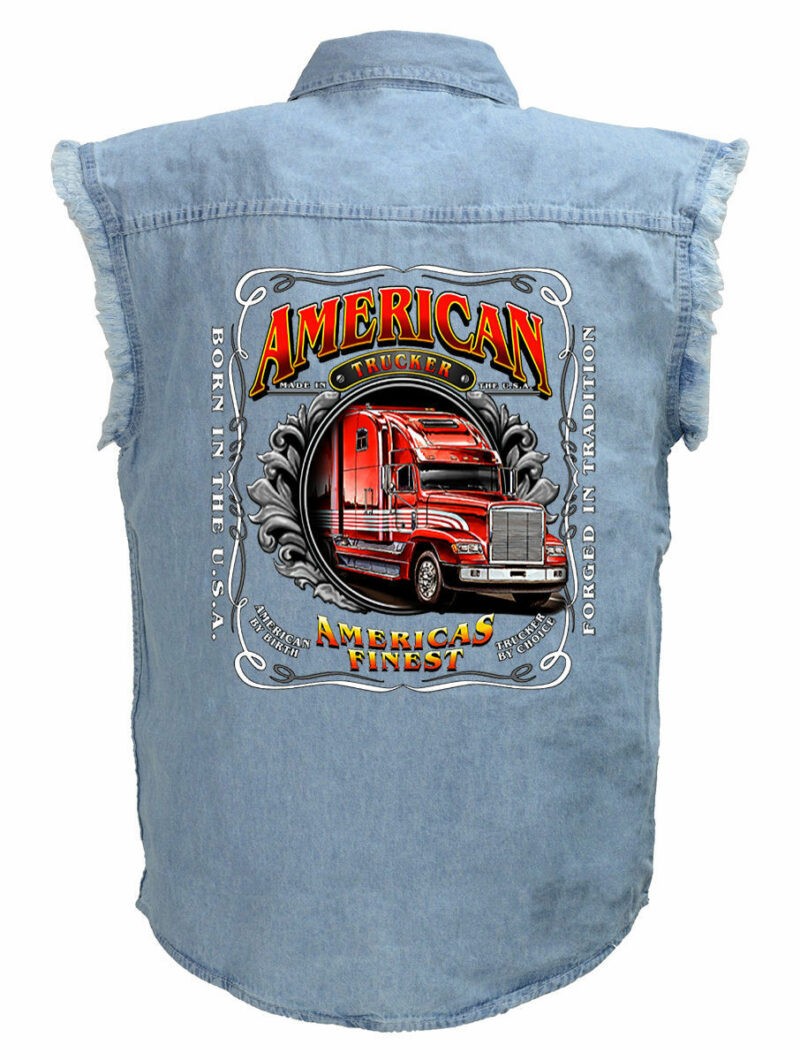 Americas Finest Red Truck Motorcycle Shirt Mens Blue Denim Sleeveless