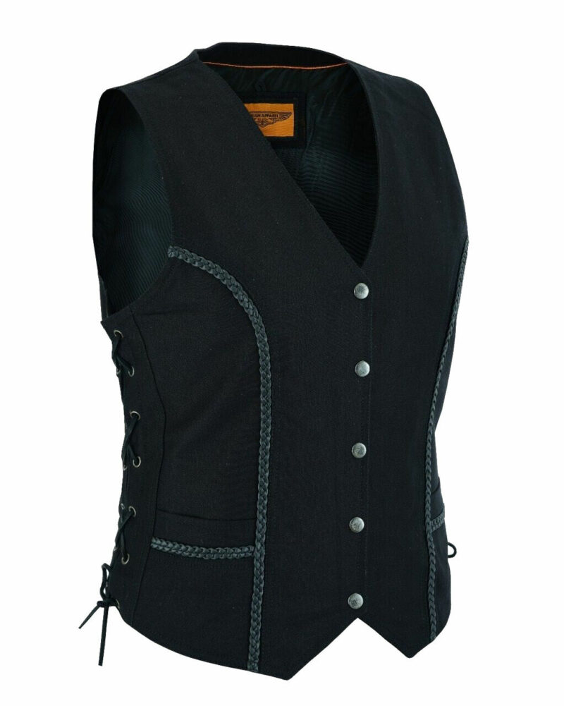Womens Black Denim Vest Concealed Carry Pockets Side Laces Braid Trim