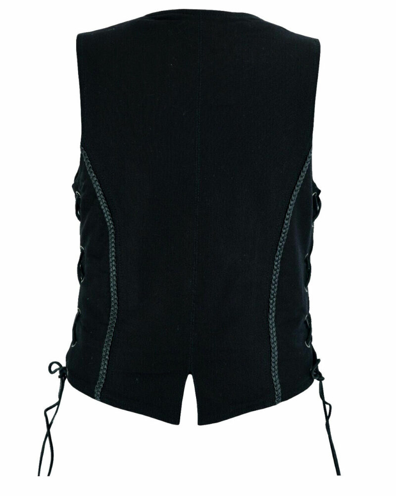 Womens Black Denim Vest Concealed Carry Pockets Side Laces Braid Trim - Image 2