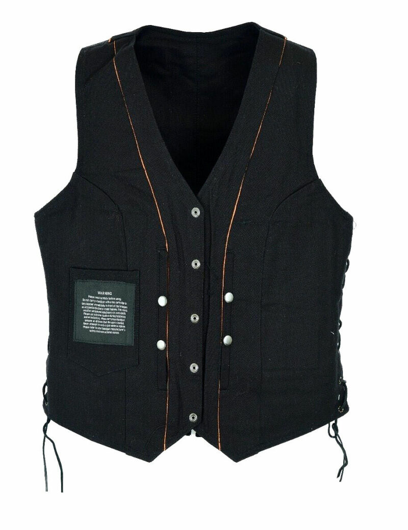 Womens Black Denim Vest Concealed Carry Pockets Side Laces Braid Trim - Image 3
