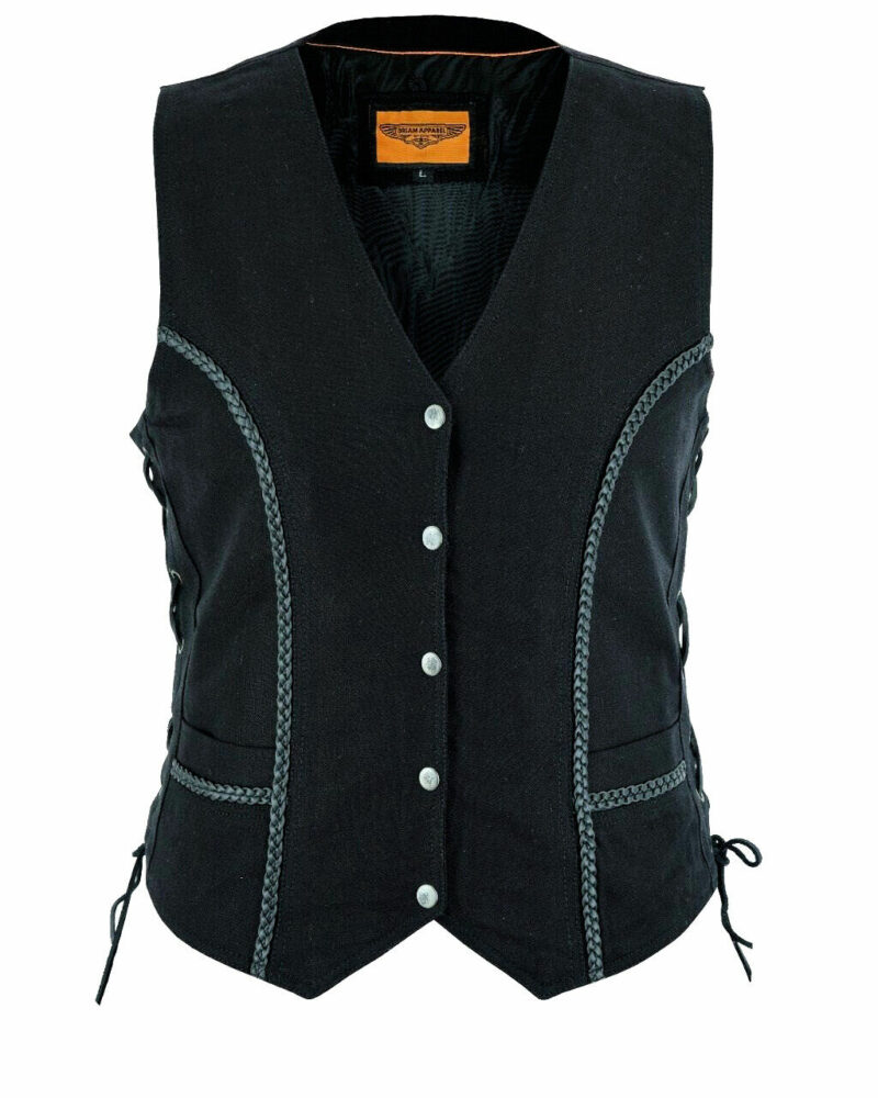Womens Black Denim Vest Concealed Carry Pockets Side Laces Braid Trim - Image 4