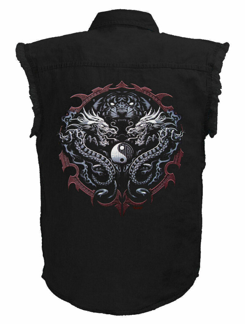 Mens Black Twill Denim Sleeveless Tiger Dragons Biker Shirt Design