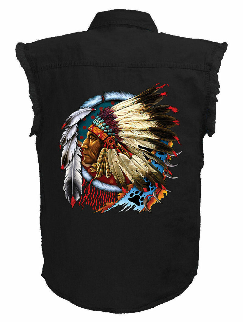 Mens Native American Chief Design On Black Twill Denim Biker Shirt