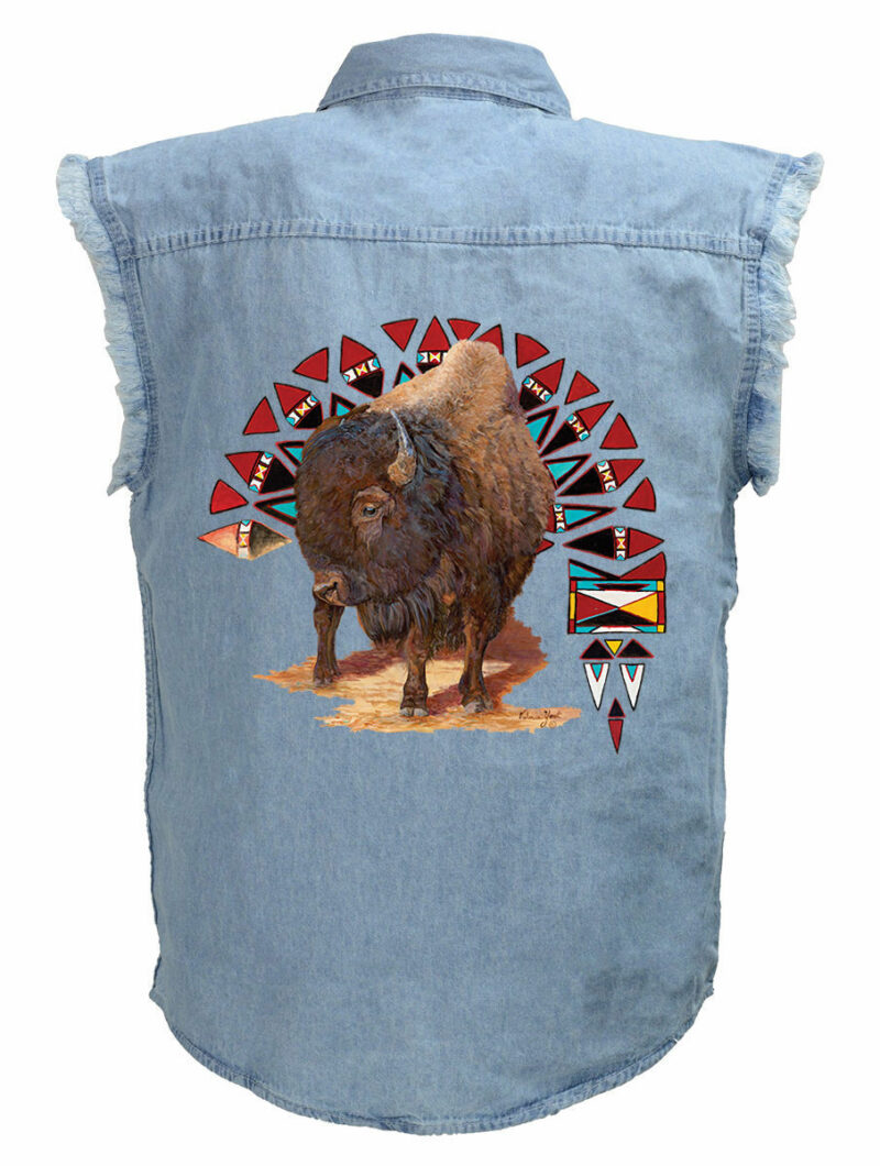 Mens Native American Buffalo Design On Blue Denim Biker Shirt
