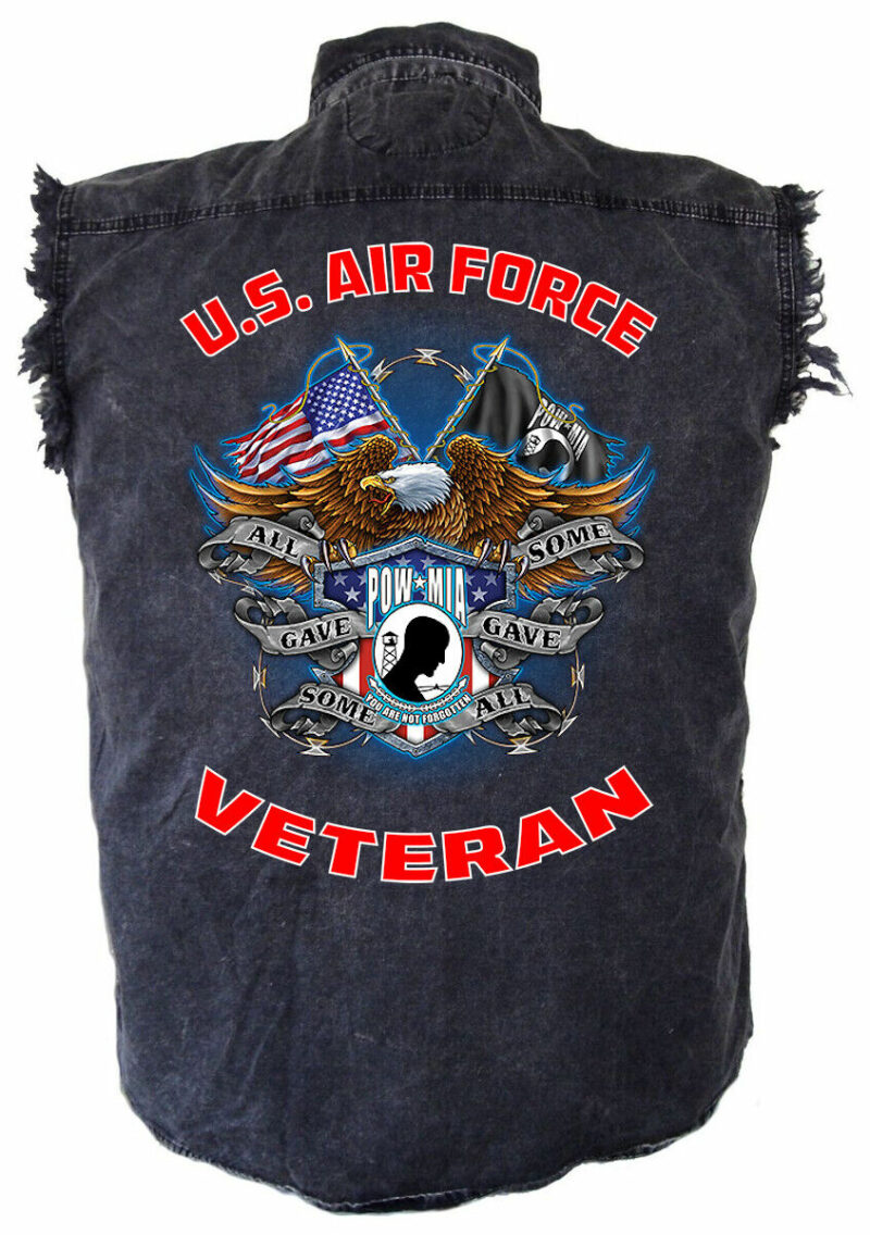 Mens Patriotic Air Force POW-MIA Veteran Acid Washed Denim Cutoff Biker Shirt